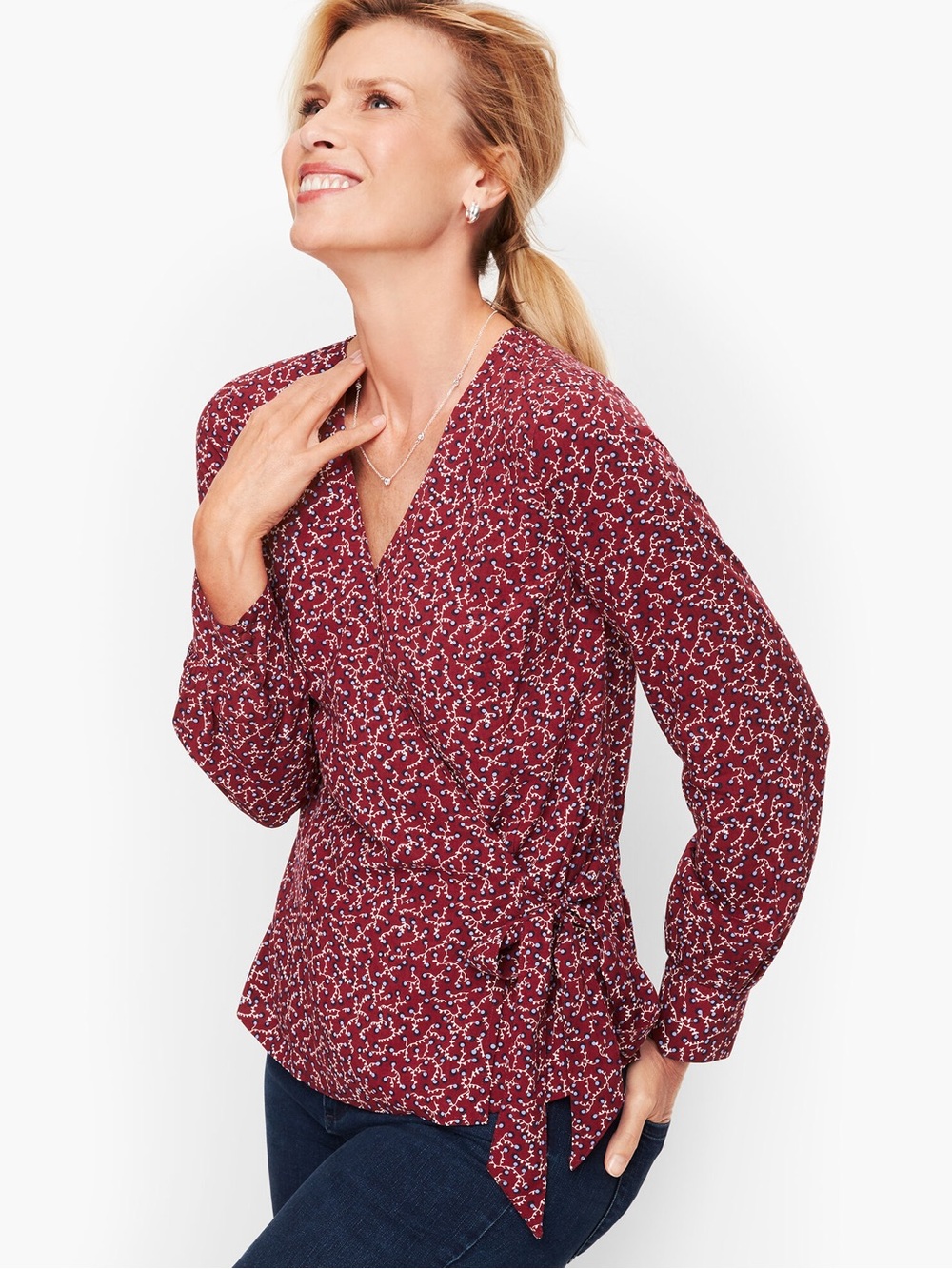 Talbots V Neck Poet Sleeve Wrap Top Self Tie Size XS Whimsical Casual Academic